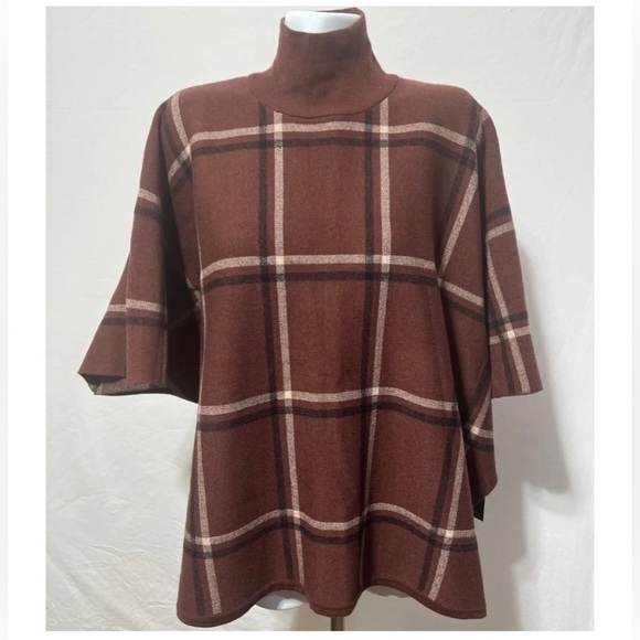 Brown Plaid Women Poncho Sweater  Mock Neck‎   Thick Quality ruffled - Picture 3 of 13